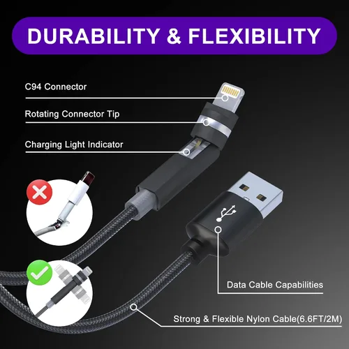 Vista 6 de Cable Lightning de 90 grados con cabezal giratorio de 360 grados de 6.6 pies [carga rápida y datos MFi y 2.4A] Cable de carga de nailon trenzado