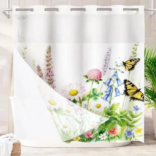 Vista 50 de Batmerry Maritime Nautical Hookless Shower Curtain with Snap in Liner Set, Anchors Ship Wheel Bath Curtain Magnetic Hem Quick-Drying Waterproof