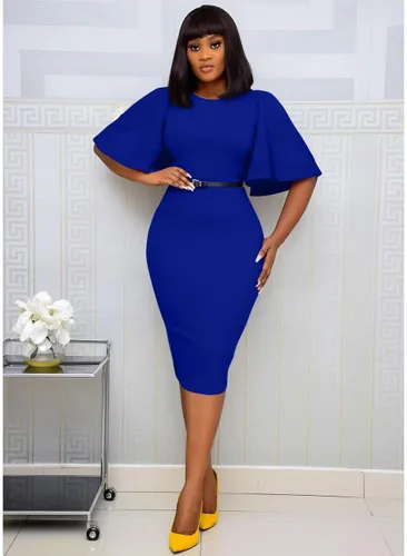 Vista 6 de Memoriesea - Vestido de tubo entallado para mujer, diseño de mangas cortas acampanadas con volantes, largo por debajo de la rodilla