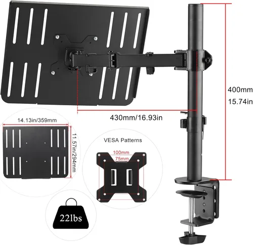 Vista 3 de Suptek - Soporte de escritorio para portátil con brazo ajustable para monitor único con bandeja ventilada, hasta 17 pulgadas, soporta hasta 22 libras