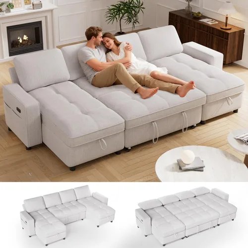Vista 13 de Vipbear Sofá cama modular de 81 pulgadas con cama extraíble, sofá en forma de L con respaldo reclinable, diván de almacenamiento reversible, puertos