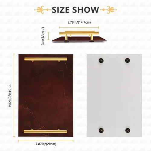 Vista 3 de Bandeja decorativa decorativa con textura de mármol de lujo de oro rojo con asas bandejas para sala de estar para joyería perfume para cocina