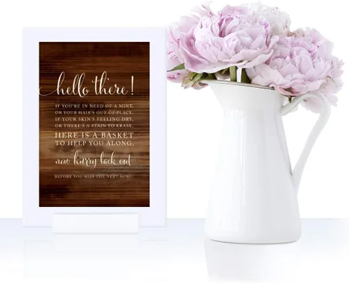 Vista 3 de Andaz Press Letreros enmarcados para fiesta de boda, impresión de madera rústica, 4 x 6 pulgadas, cartel de cesta de baño, 1 paquete, incluye marco