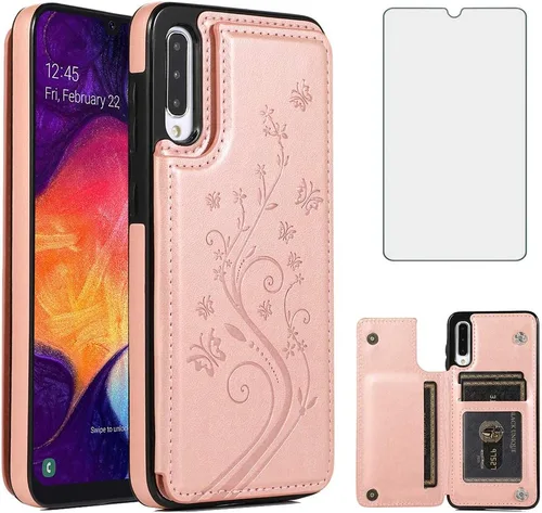 Vista 10 de Funda de teléfono para Samsung Galaxy A50 con protector de pantalla de vidrio templado y tarjetero con soporte para tarjetero, accesorios de cuero