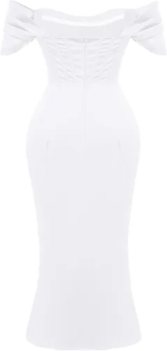 Vista 5 de Vestido de satén con hombros descubiertos para mujer, sin tirantes, espalda descubierta, abertura alta, entallado, fruncido, vestido de fiesta