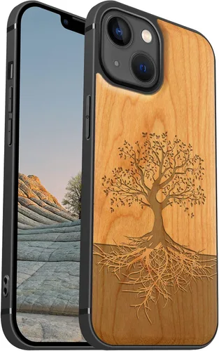 Vista 8 de Carveit Funda magnética de madera para iPhone 13 [madera real dura y TPU suave negro] funda protectora de madera única y elegante a prueba de golpes
