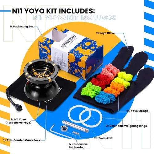 Vista 5 de MAGICYOYO N11 Yoyo N11 - Bola profesional Yoyo N11 de aleación de doble propósito (negro con dorado) con saco, guante, 12 cuerdas Yoyo y kit
