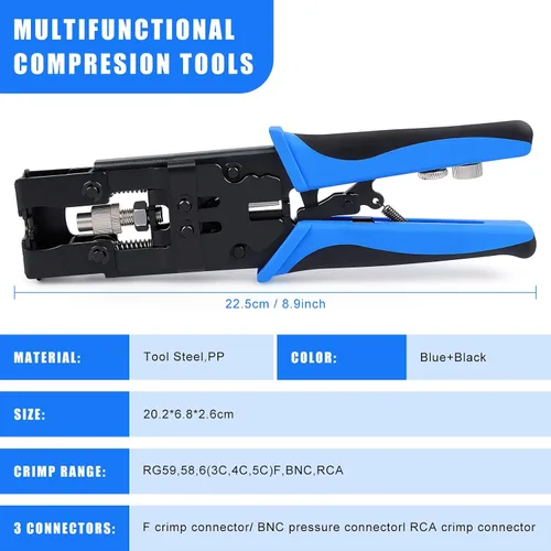 Vista 3 de Delgada Crimpadora de Cable Coaxial, Herramienta Ajustable Multifuncional de Compresión 3 en 1 para F BNC RCA, RG58 RG59 RG6, Pelacables Universal