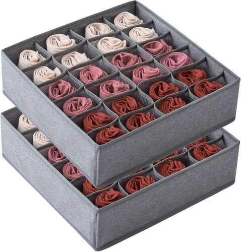 Vista 10 de Qozary - Paquete de 2 cajas organizadoras de cajones para ropa interior y calcetines, 24 o 16 compartimientos plegables, organizador de armario