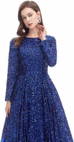Vista 5 de Women's Sequin Long Sleeves Formal Evening Dress Luxurious Chapel Train Prom Party Gown Silver