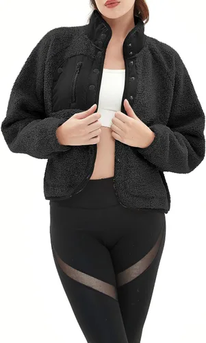 Vista 5 de APAFES Chaqueta corta de forro polar Sherpa para mujer, abrigada con botones, abrigos, con bolsillos
