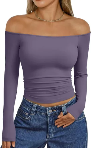 Vista 9 de Trendy Queen Camisetas básicas sexy para mujer con hombros descubiertos Azul