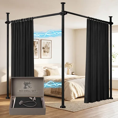 Vista 17 de Juego de cortinas divisoras de habitación, sin taladro, con barra retráctil, sin herramientas, para dormitorio, color beige, 100 pulgadas de ancho x