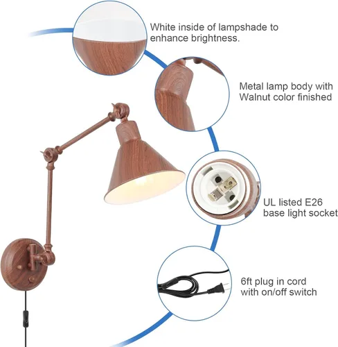 Vista 4 de TRLIFE Aplique de pared enchufable, aplique de pared regulable con interruptor de brazo oscilante, luces de pared enchufables, apliques de pared