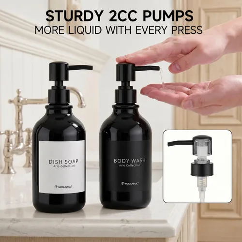 Vista 6 de Refillable Shampoo and Conditioner Bottles Set of 3 Polished Black modunful Glossy Black
