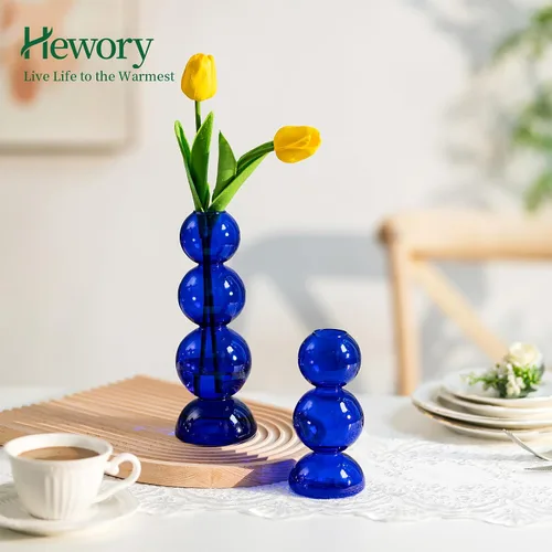 Vista 3 de Jarrones de Burbujas de Vidrio para Flores, Hewory 2 piezas Jarrones Únicos Azules Lindos para Flores Individuales para Centros de Mesa, Jarrón
