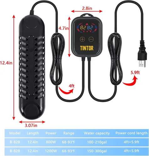 Vista 2 de Calentador sumergible para acuario, calentador de tanque de peces de 800 W/1200 W, calefacción de doble tubo, calentamiento rápido y ahorro