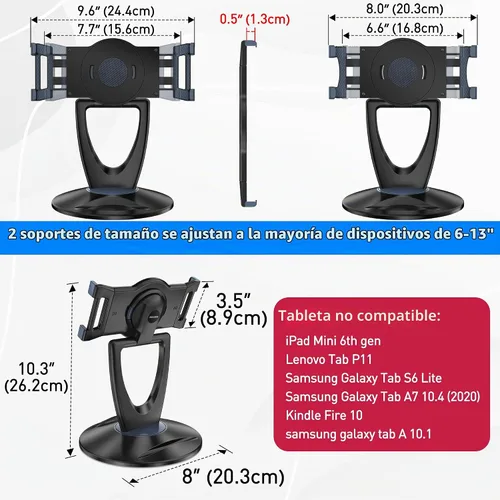 Vista 5 de Soporte para tablet iPad para escritorio, de 6 a 13 pulgadas, estable, ajustable, ángulo giratorio de 360°, soporte para iPad, para tienda, quiosco