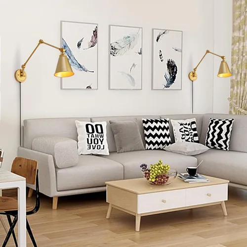 Vista 3 de Moderno aplique de pared enchufable, lámpara de pared inalámbrica de latón dorado con brazo oscilante para dormitorio, accesorios de pared