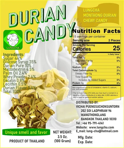 Vista 2 de LUNGCHA DURIAN Caramelo de frutas con sabor a caramelo, producto de Tailandia, 3.5 onzas (3.53 oz) (Durian)