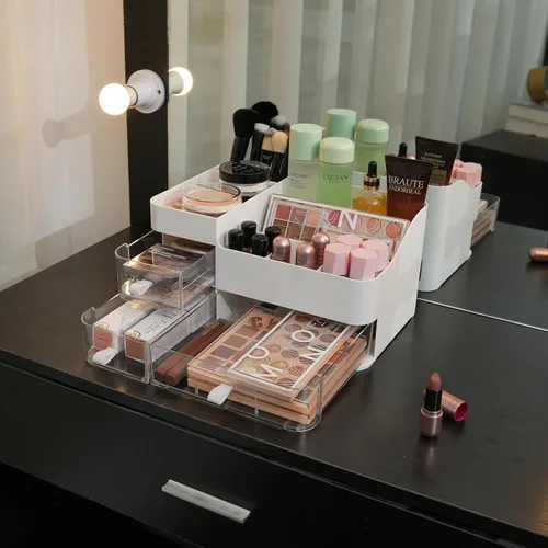 Vista 7 de KLGO Organizador de maquillaje y almacenamiento de cosméticos con 3 cajones transparentes, organizador de cuidado de la piel para baño, soporte