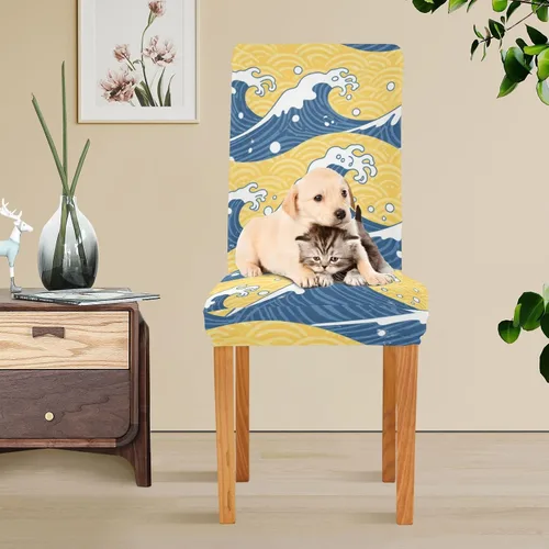 Vista 5 de Blue and Gold Japanese Waves Decorative Chair Slipcovers for Bedroom Washable Club Chair Cover protectores para sillas de comedor 4 Set of 4