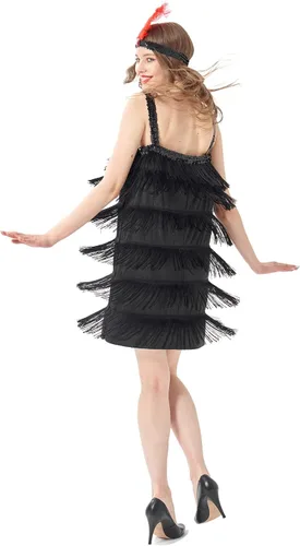Vista 4 de Disfraz de flapper de los años 20 para mujer, gran vestido de Gatsby con collar y diadema