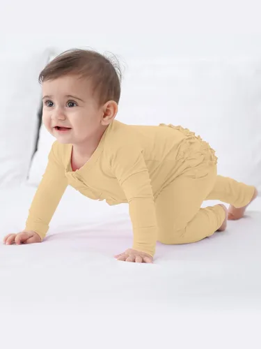 Vista 5 de GUISBY Mameluco de bambú de manga larga para bebé, sin pies, cremallera de 2 vías con volantes, para dormir de 0 a 24 meses