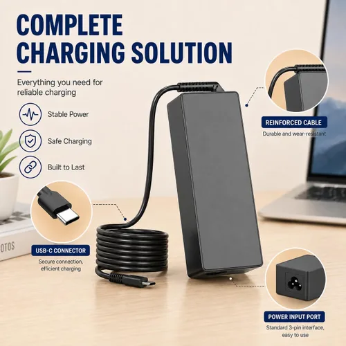 Vista 5 de Cargador USB C para laptop – Cargador USB C de 100 W, carga rápida para Lenovo, ThinkPad, HP, Asus, Acer, MacBook, MSI, Dell Computadora Tablet