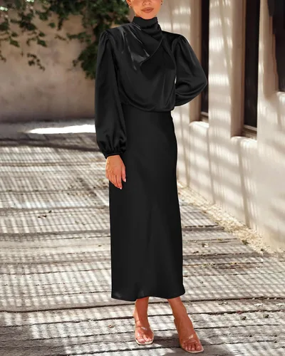 Vista 6 de BTFBM Vestido de satén con cuello alto falso para mujer, elegante, manga larga, cintura alta, formal, para boda, cóctel, fiesta, maxi vestidos