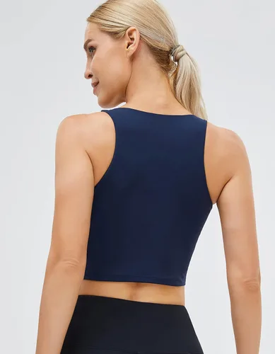 Vista 2 de Camiseta corta de cuello alto para mujer, sin mangas, espalda cruzada, básica, para entrenamiento
