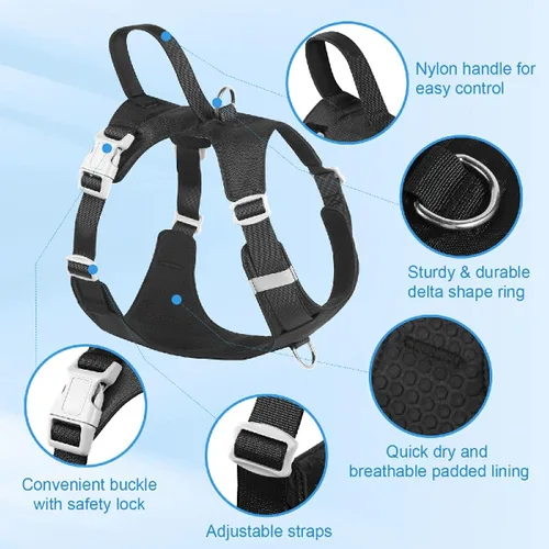 Vista 2 de Arnés sin tirones para perro, con asa, ajustable, suave, chaleco ligero para perros pequeños, medianos y grandes, negro, M