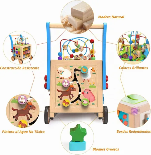 Vista 7 de 9 en 1 Cubo de Actividad de Madera Andador de Bebé de Madera, Centro de Actividad de Aprendizaje de Sentarse a Pararse, Juguetes Educativos