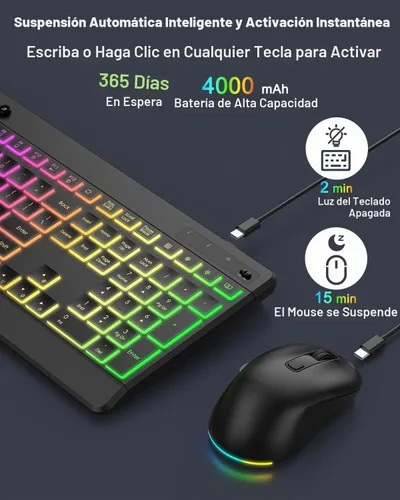 Vista 5 de EDJO Combo de teclado y mouse inalámbricos, 10 efectos retroiluminados, teclado USB recargable de tamaño completo silencioso de 2.4 GHz con 6 negro