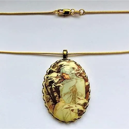 Vista 2 de Victorian Cameo Winter Lady Four Seasons Muse painting Necklace Statement Romantic Figure