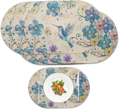 Vista 50 de Blue Flower Dining Table Mats Set of 2 Hummingbird Heat Resistant Placemats Washable and Wipeable Non Slip Place Mat, Waterproof Modern Dining Table
