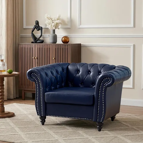 Vista 12 de AVZEAR Sofá Chesterfield de 84 pulgadas, 3 plazas, sofá clásico de cuero PU con brazos enrollados y respaldo con botones capitoné, sofá tipo canapé