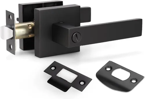 Vista 8 de KNOBWELL - Paquete de 1 manija para puerta delantera con llave y cerradura, manijas de palanca negras para puerta exterior, juego de cerradura