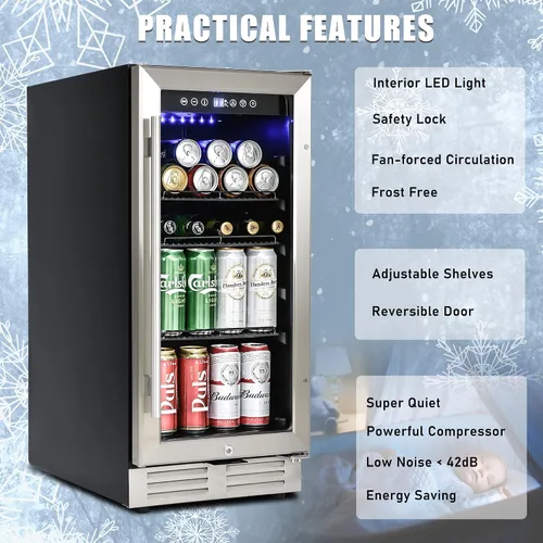Vista 3 de IOCCIOBB Mini refrigerador de 15 pulgadas, gabinete de vino y bebidas, 120 latas, 34-65°F, silencioso, estantes ajustables, iluminación LED, ETL