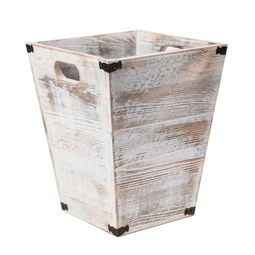 Vista 7 de Basurero cuadrado de madera estilo granja con soportes metálicos decorativos para dormitorio, sala de estar, baño y oficina, papelera (gris rocho)