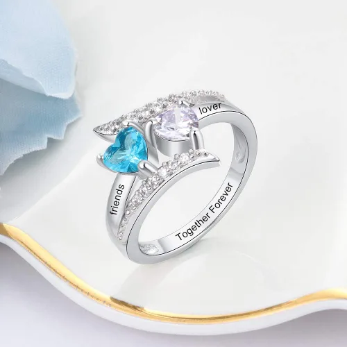Vista 4 de Anillos de promesa de plata fina 925 Zomodia para ella, anillos personalizados para madres con 2 piedras de nacimiento de imitación, joyería
