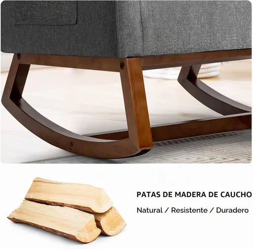 Vista 7 de Giantex Mecedora tapizada, sillón moderno de tela con base de madera, bolsillo lateral, asiento acolchado de lino, silla mecedora con respaldo alto