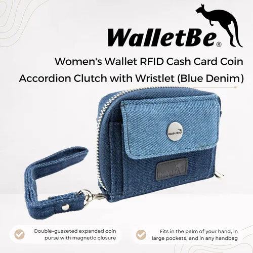 Vista 2 de Cartera de cuero RFID tarjeta de efectivo moneda embrague acordeón para mujer, Mezclilla azul, Denim