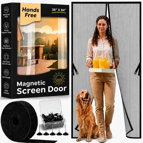Vista 20 de Puerta mosquitera magnética manos libres, resistente, protector de malla de puerta de mosquitero autosellado, apto para mascotas y niños, hebilla