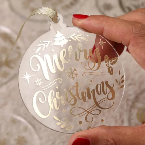 Vista 4 de UNIQOOO Juego de 12 adornos dorados de Navidad 2025, decoraciones para árbol de Navidad, ideas de regalo, adornos de acrílico transparente con 6