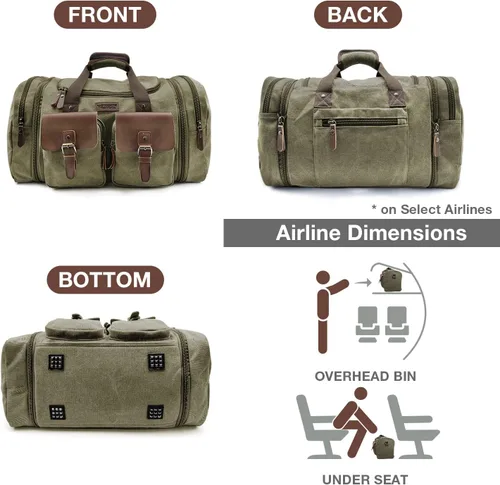 Vista 5 de Wildroad Bolsa de viaje de lona de 50L, bolsa de lona expandible de cuero genuino, bolsa de fin de semana mejorada para una noche, bolsa de mano