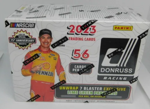 Vista 2 de Donruss Racing NASCAR Factory Sealed Blaster Box 2023. 7 paquetes de 8 cartas. 1 tarjeta de autógrafo o recuerdo en promedio. 7 paralelos de lima