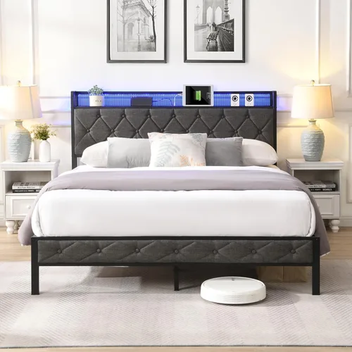 Vista 4 de Full Bed Frame Metal, Charging Station and Led Lights, Upholstered Platform Bed with Heavy Metal Slats, No Box Spring Needed, Noise Free, Easy