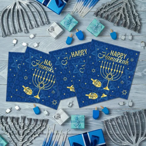 Vista 3 de Honoson 100 servilletas de Janucá desechables de papel, para cócteles, bebidas, invitados, cena, suministros para fiestas de cumpleaños, decoración