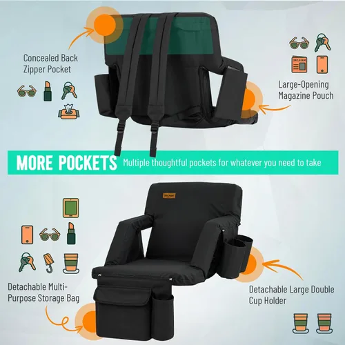 Vista 8 de Overmont Asiento de Estadio con Soporte para la Espalda - Cojín Acolchado de 2.8'' Reclinable de 6 Posiciones Asiento de Gradería con Ganchos Dobles